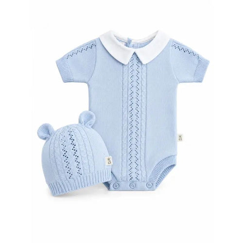 Body tejido trenzado cuello lino con gorrito Bebé Feliz, celeste