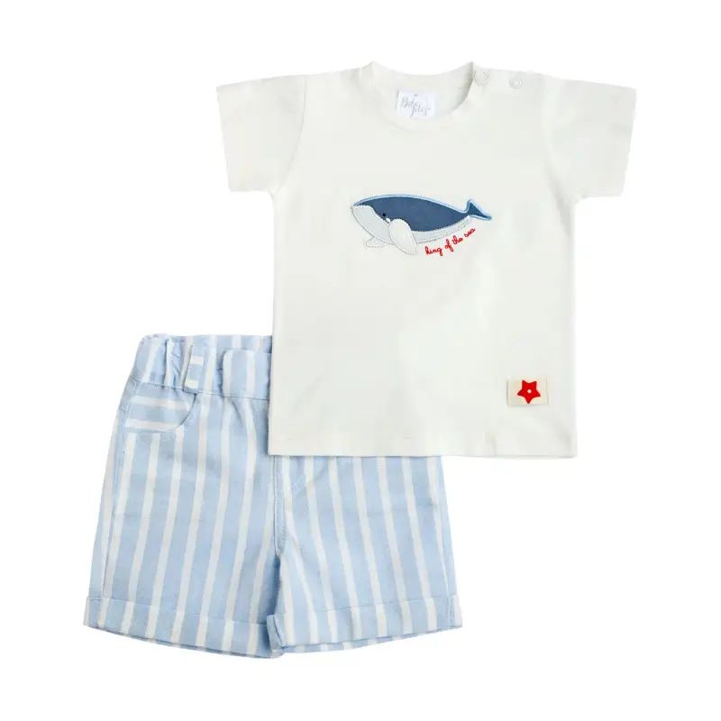 Conjunto de camisa con aplique de ballena y pantalón de rayas Bebé Feliz, blanco y celeste
