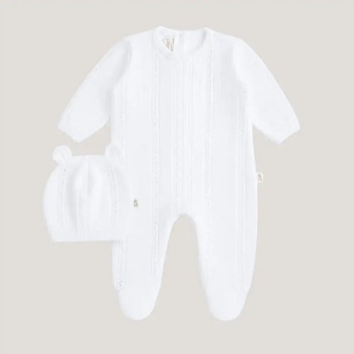 Pijama tejida cuello redondo con gorrito Jack Bebé Feliz, blanco