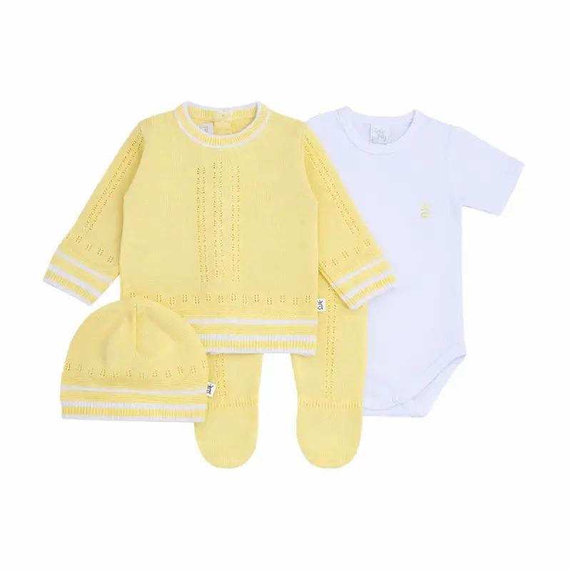 Set tejido de cuatro piezas calado abierto Bebé Feliz para recién nacido, amarillo