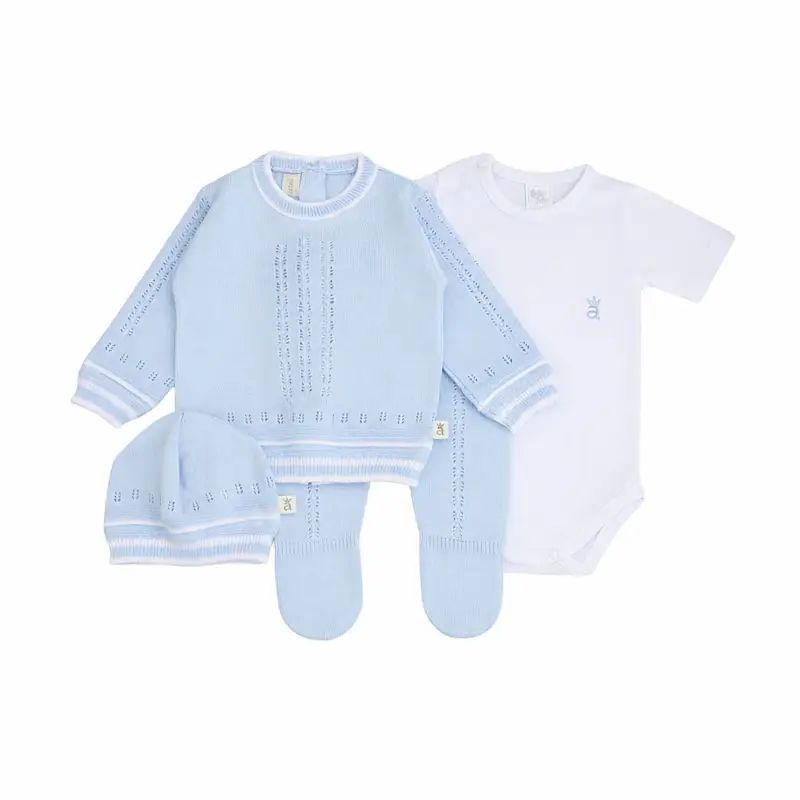 Set tejido de cuatro piezas calado abierto Bebé Feliz para recién nacido, celeste