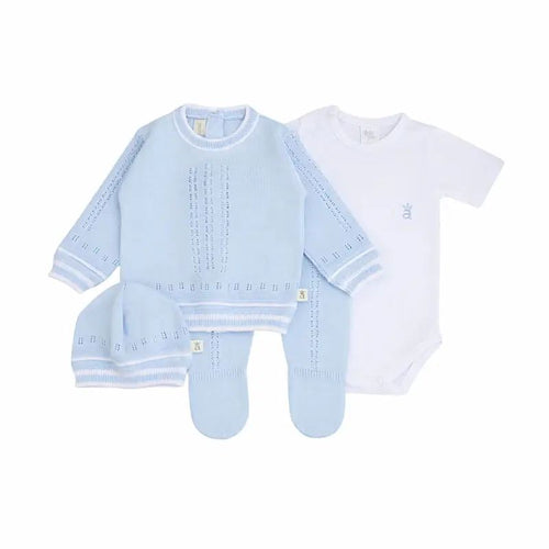 Set tejido de cuatro piezas calado abierto Bebé Feliz para recién nacido, celeste