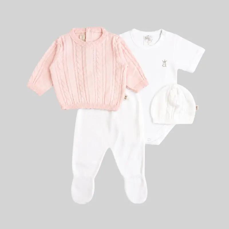 Set tejido de cuatro piezas trenzado Bebé Feliz en algodón 100 % para recién nacido, rosado