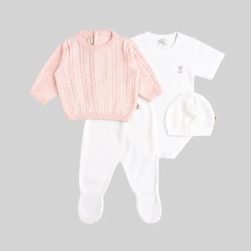 Set tejido de cuatro piezas trenzado Bebé Feliz en algodón 100 % para recién nacido, rosado