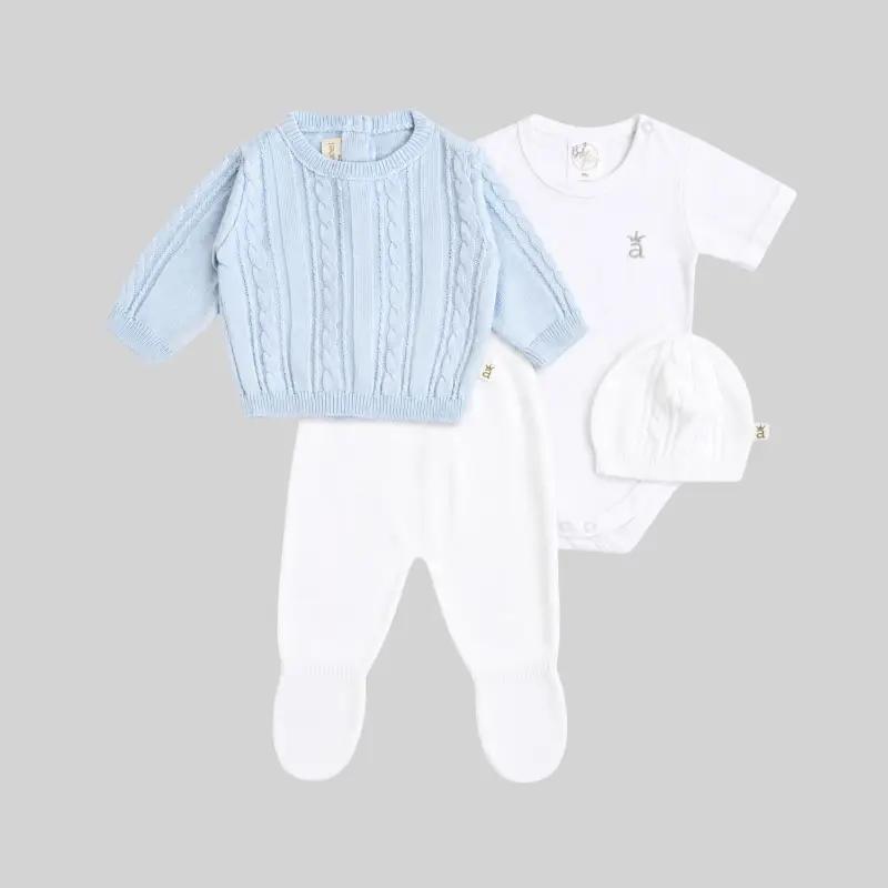 Set tejido de cuatro piezas trenzado Bebé Feliz en algodón 100 % para recién nacido, celeste