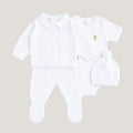 Set tejido de cuatro piezas trenzado calado cuello polo Bebé Feliz para recién nacido, blanco