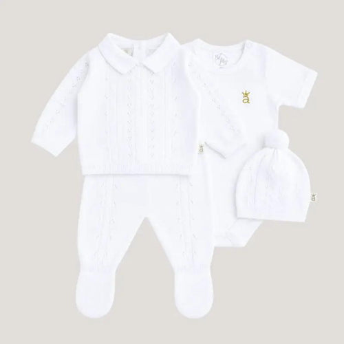 Set tejido de cuatro piezas trenzado calado cuello polo Bebé Feliz para recién nacido, blanco