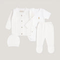 Set tejido de cuatro piezas trenzado Bebé Feliz para recién nacido, blanco