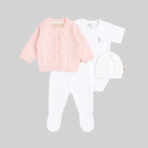 Set tejido de cuatro piezas trenzado Bebé Feliz para recién nacido, rosado