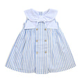 Bebé Feliz · Vestido de rayas con cuello moño ojalillo · Celeste