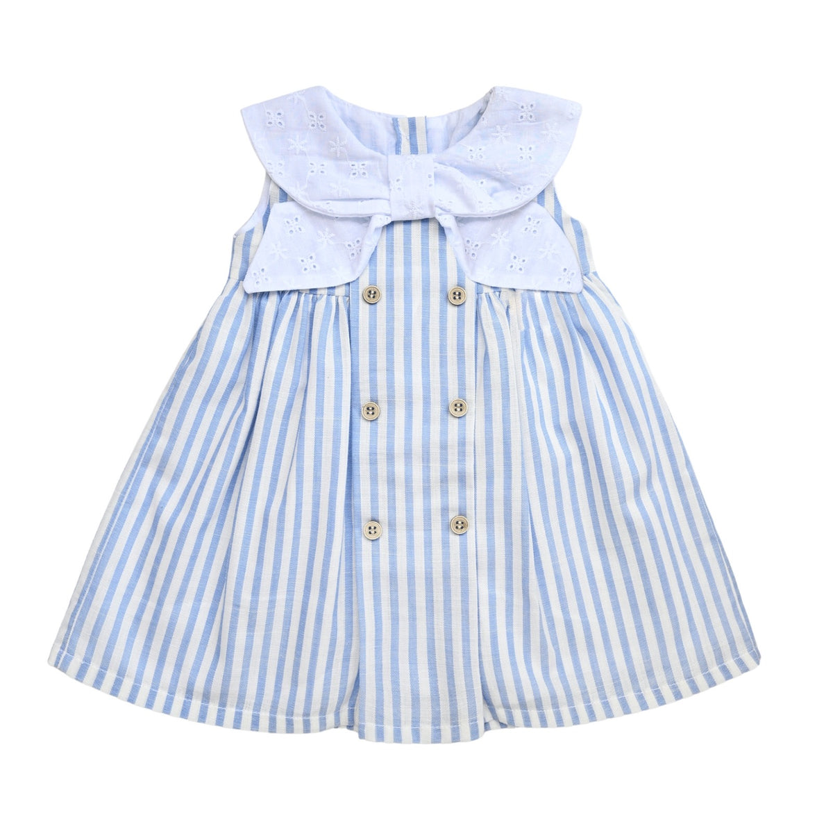 Bebé Feliz · Vestido de rayas con cuello moño ojalillo · Celeste